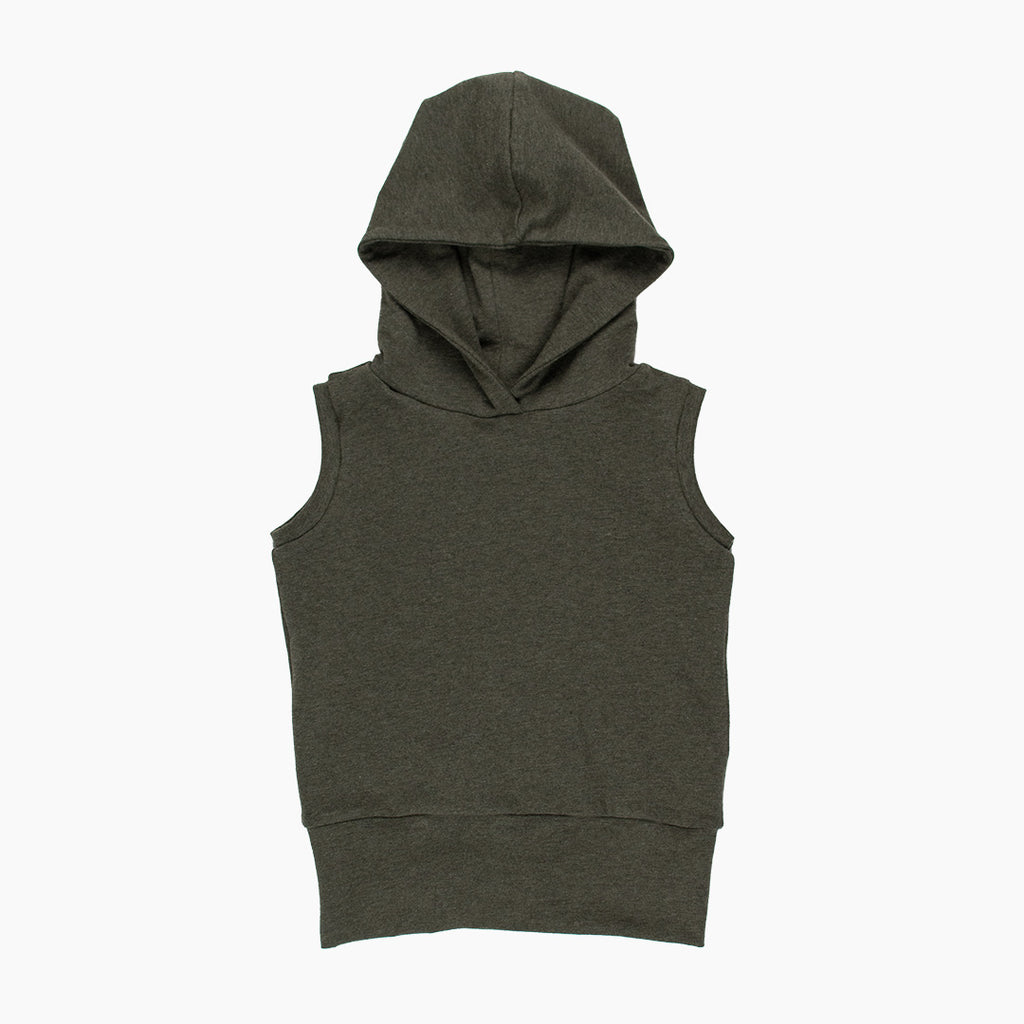 sleeveless hoodie for toddlers, moss green colour fabric.