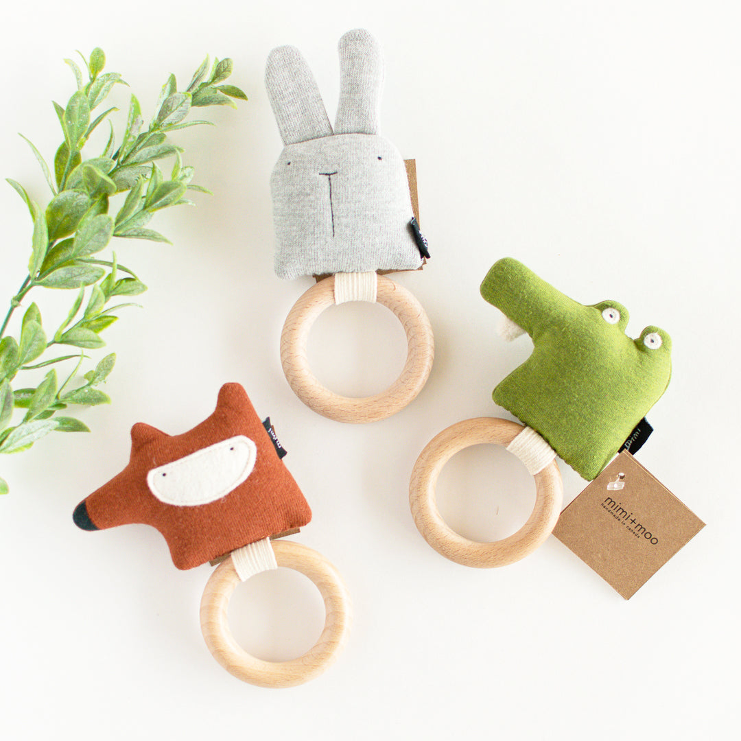 Organic Cotton Baby Wrist Rattle with Fox Design - Handmade