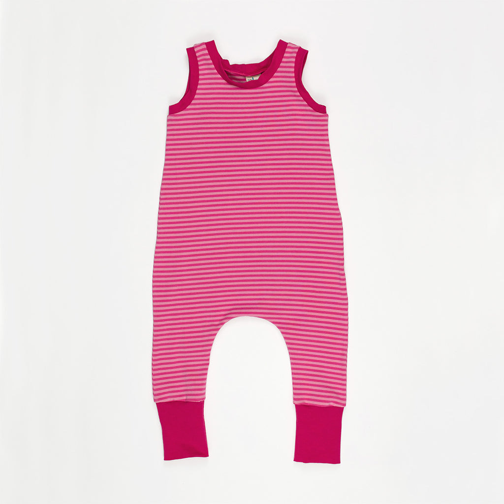 baby romper in bright pink striped fabric