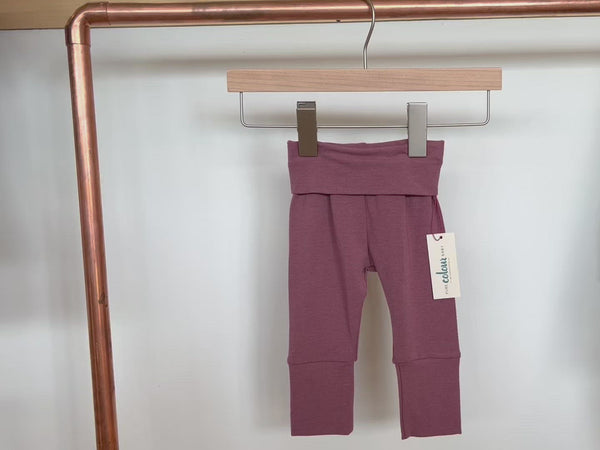 baby leggings in berry colour, grow-with-me cuffs